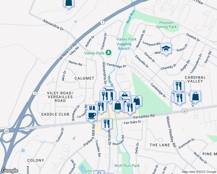 map of restaurants, bars, coffee shops, grocery stores, and more near 1298 Alexandria Drive in Lexington
