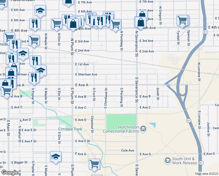 map of restaurants, bars, coffee shops, grocery stores, and more near 709 East Avenue A in Hutchinson