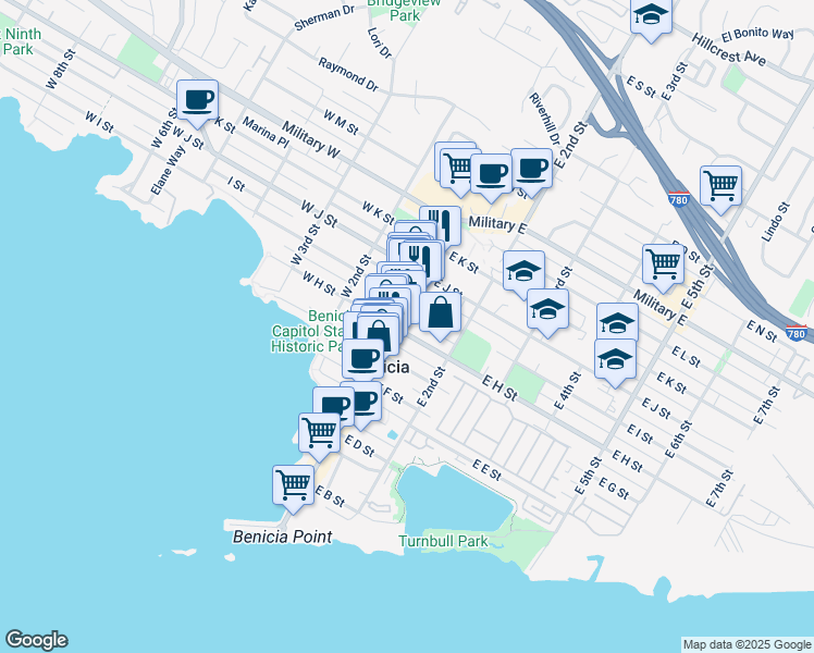 map of restaurants, bars, coffee shops, grocery stores, and more near 800 1st Street in Benicia