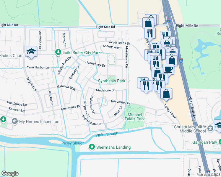 map of restaurants, bars, coffee shops, grocery stores, and more near 5405 Gladstone Dr in Stockton