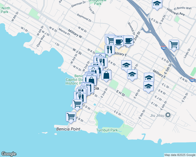 map of restaurants, bars, coffee shops, grocery stores, and more near 800 1st Street in Benicia