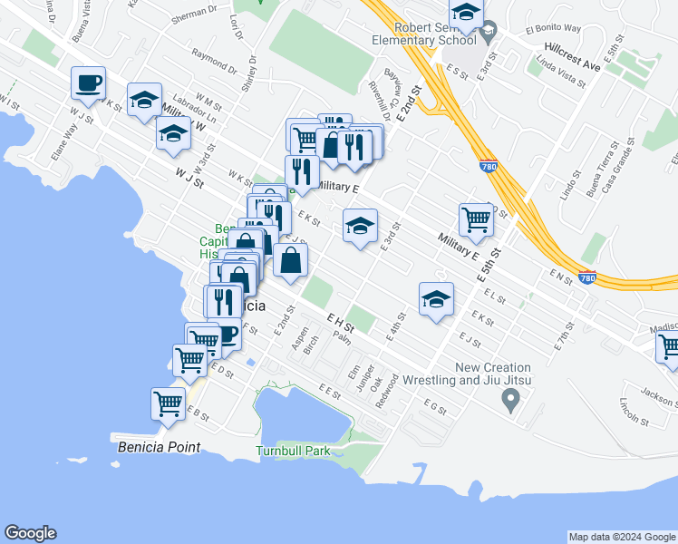 map of restaurants, bars, coffee shops, grocery stores, and more near 240 East J Street in Benicia