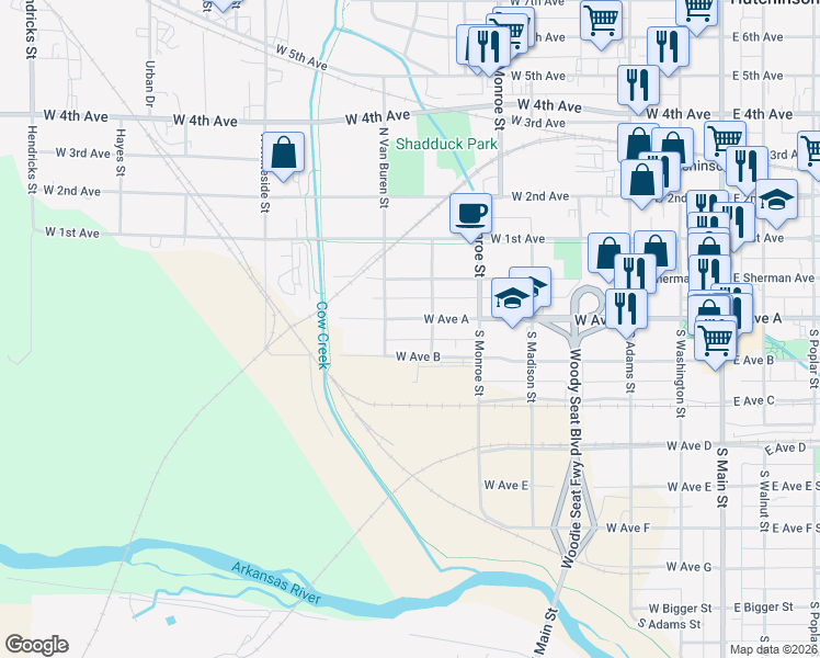 map of restaurants, bars, coffee shops, grocery stores, and more near 615 West Avenue A in Hutchinson