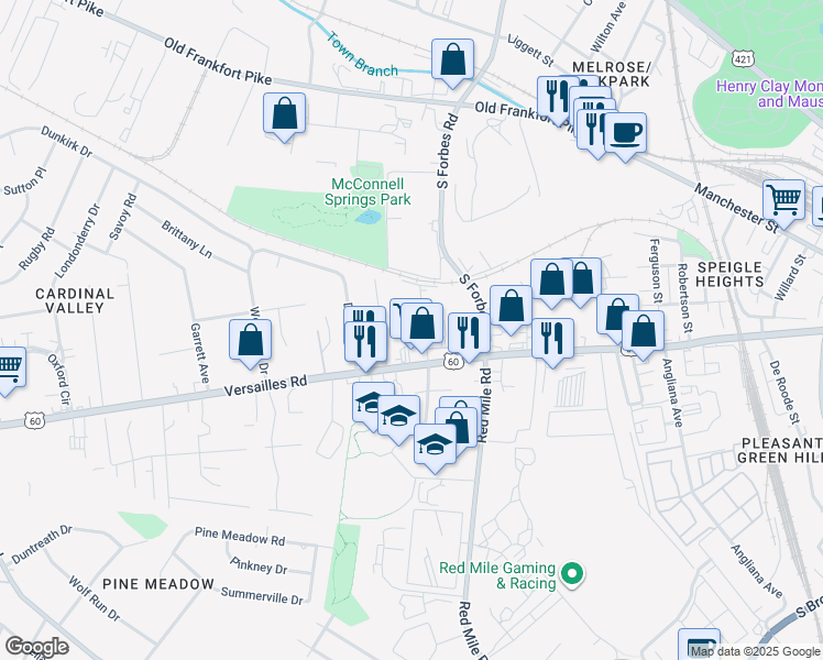 map of restaurants, bars, coffee shops, grocery stores, and more near 1405 Versailles Road in Lexington