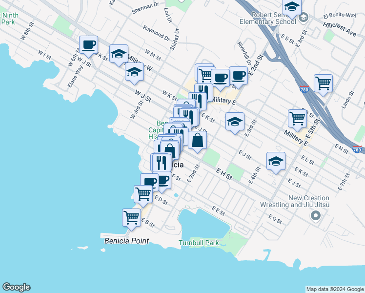 map of restaurants, bars, coffee shops, grocery stores, and more near 800 1st Street in Benicia