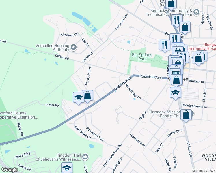 map of restaurants, bars, coffee shops, grocery stores, and more near 105 Elizabeth Street in Versailles