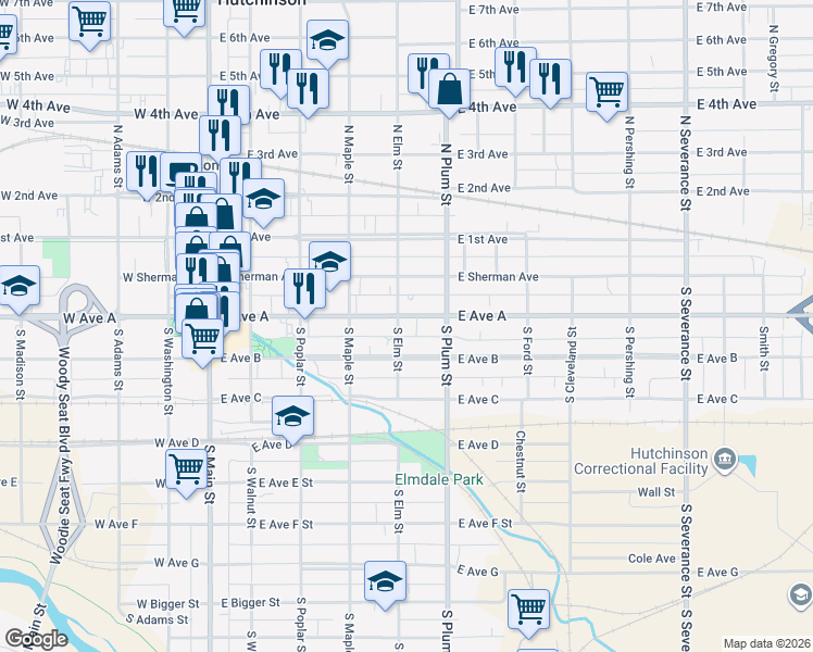 map of restaurants, bars, coffee shops, grocery stores, and more near 113 South Elm Street in Hutchinson