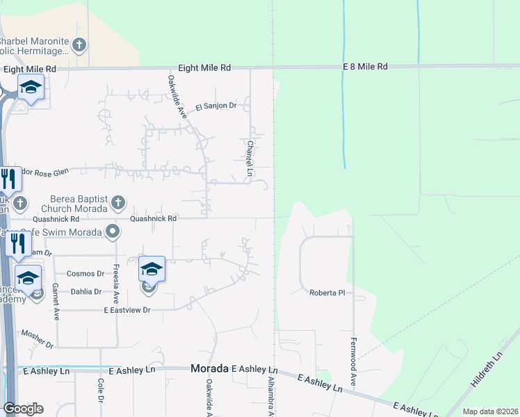 map of restaurants, bars, coffee shops, grocery stores, and more near 5533 Quashnick Road in Stockton