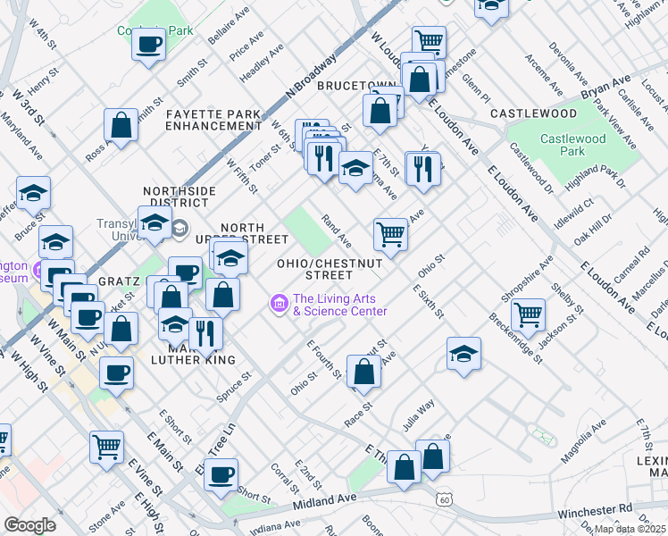 map of restaurants, bars, coffee shops, grocery stores, and more near 217 East Fifth Street in Lexington