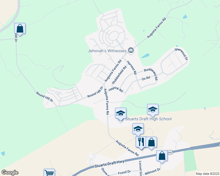 map of restaurants, bars, coffee shops, grocery stores, and more near 22 Farmside Street in Waynesboro