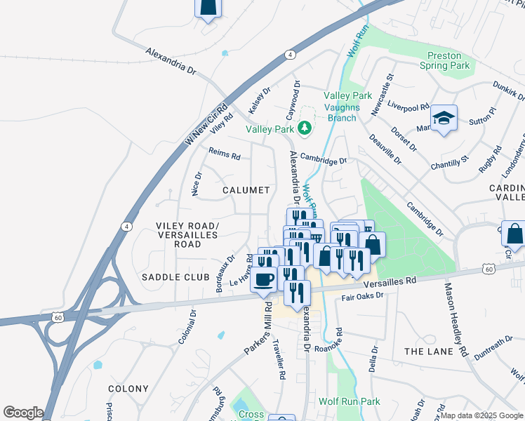 map of restaurants, bars, coffee shops, grocery stores, and more near 1296 Bordeaux Drive in Lexington