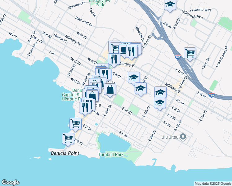 map of restaurants, bars, coffee shops, grocery stores, and more near 195 East I Street in Benicia