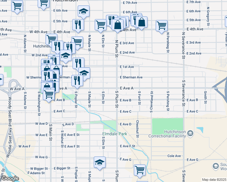map of restaurants, bars, coffee shops, grocery stores, and more near 423 East Avenue A in Hutchinson