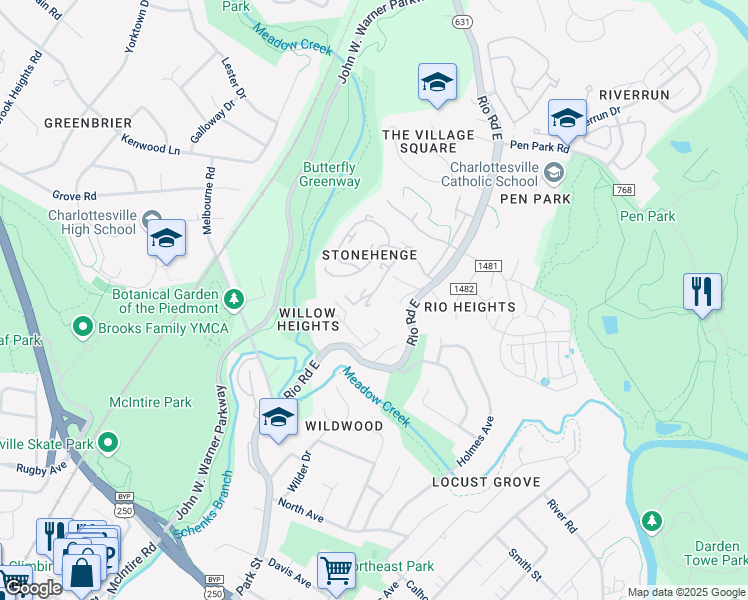 map of restaurants, bars, coffee shops, grocery stores, and more near 573 Southampton Court in Charlottesville
