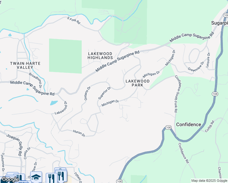 map of restaurants, bars, coffee shops, grocery stores, and more near 19235 Superior Drive in Twain Harte