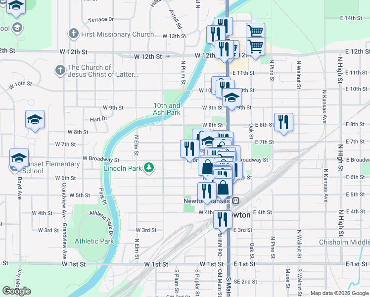 map of restaurants, bars, coffee shops, grocery stores, and more near 716 North Plum Street in Newton
