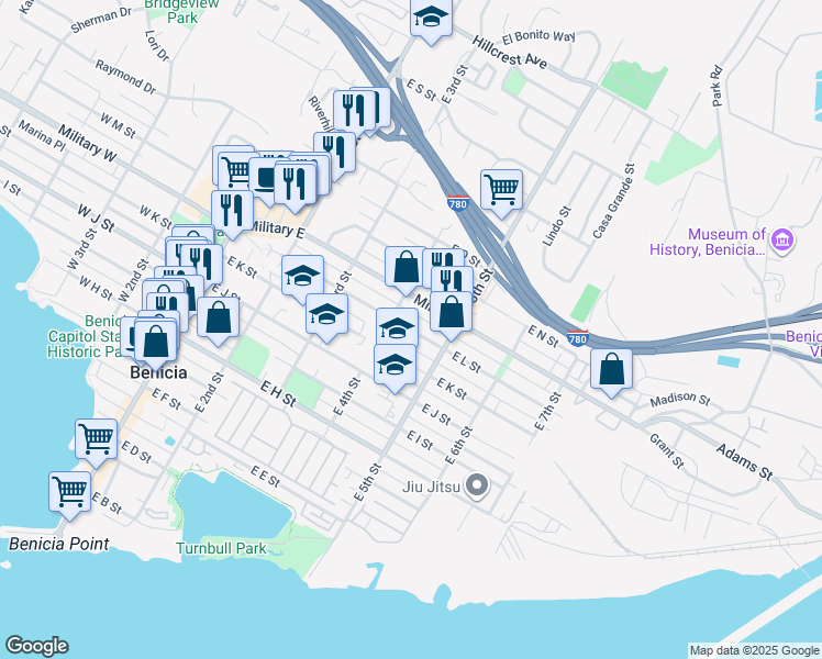 map of restaurants, bars, coffee shops, grocery stores, and more near East L Street in Benicia