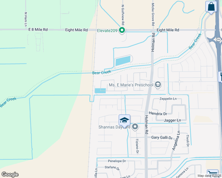 map of restaurants, bars, coffee shops, grocery stores, and more near 10311 Holman Road in Stockton