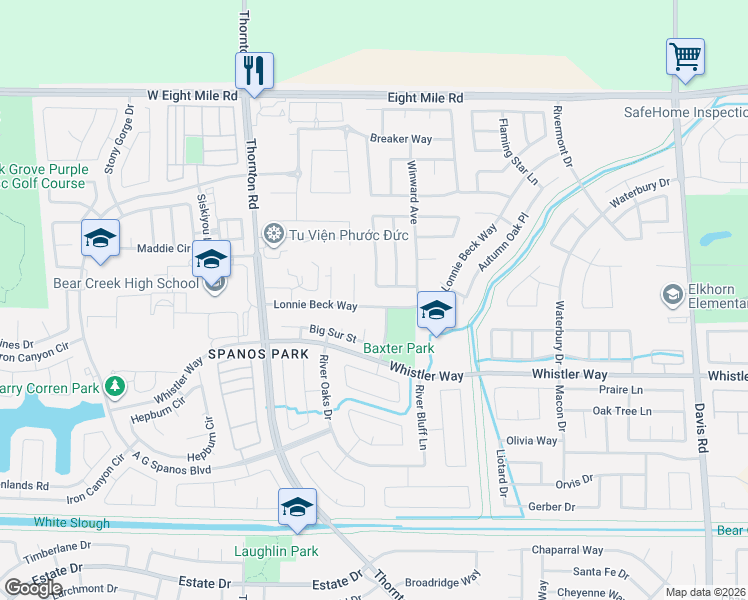 map of restaurants, bars, coffee shops, grocery stores, and more near 10502 Silent Grove Court in Stockton