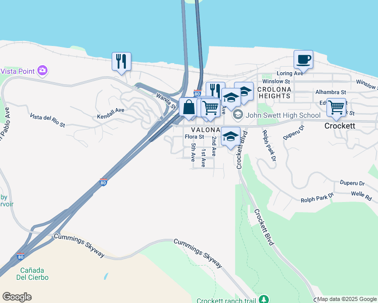 map of restaurants, bars, coffee shops, grocery stores, and more near 1524 Francis Street in Crockett