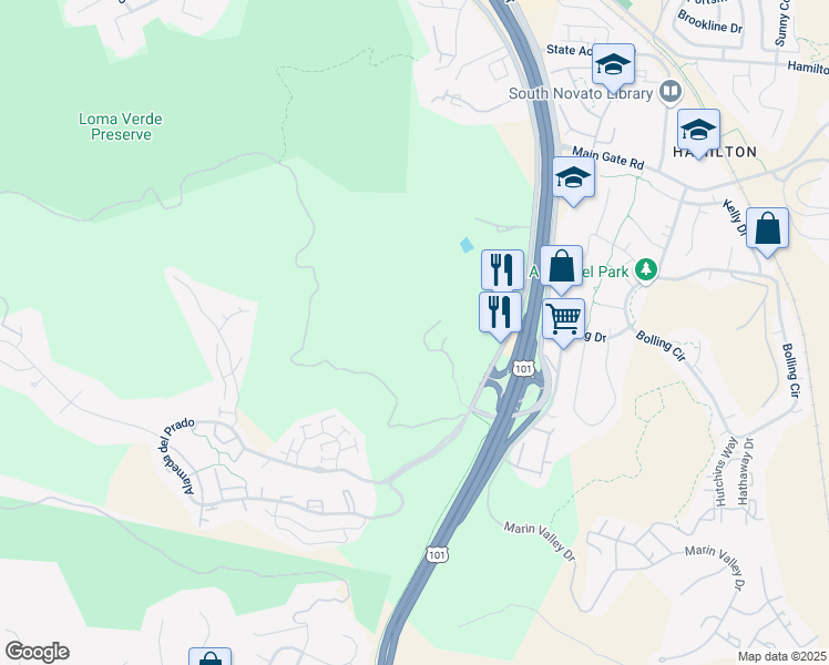 map of restaurants, bars, coffee shops, grocery stores, and more near 53 Clay Court in Novato