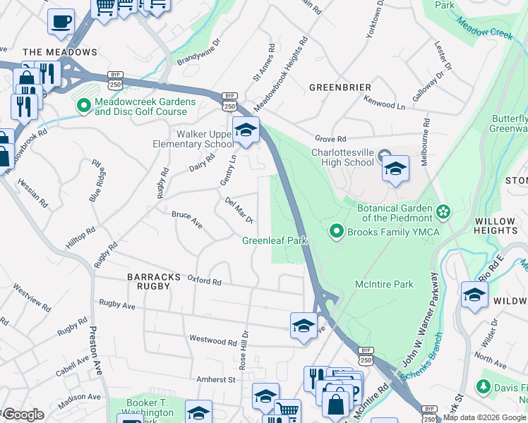 map of restaurants, bars, coffee shops, grocery stores, and more near 1612 Rose Hill Drive in Charlottesville