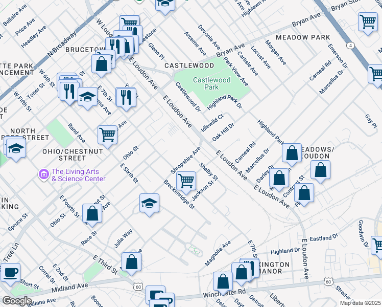 map of restaurants, bars, coffee shops, grocery stores, and more near 509 Shelby Street in Lexington