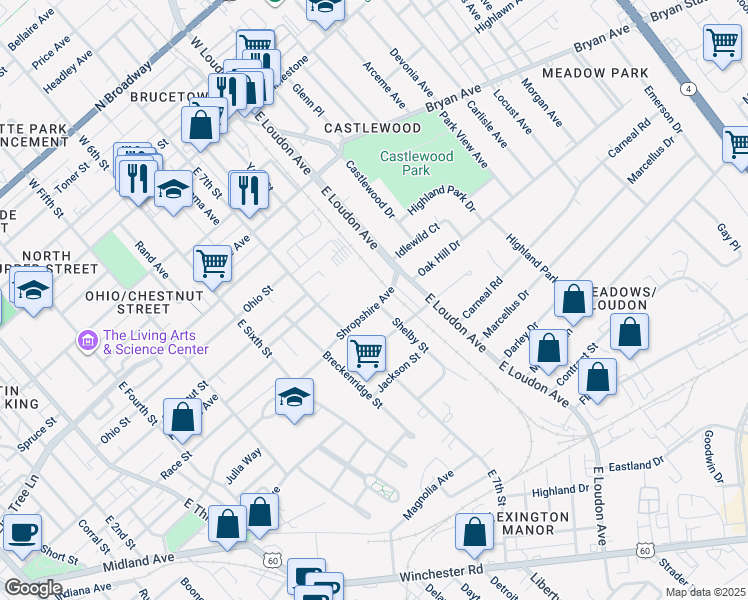 map of restaurants, bars, coffee shops, grocery stores, and more near 719 Shropshire Avenue in Lexington