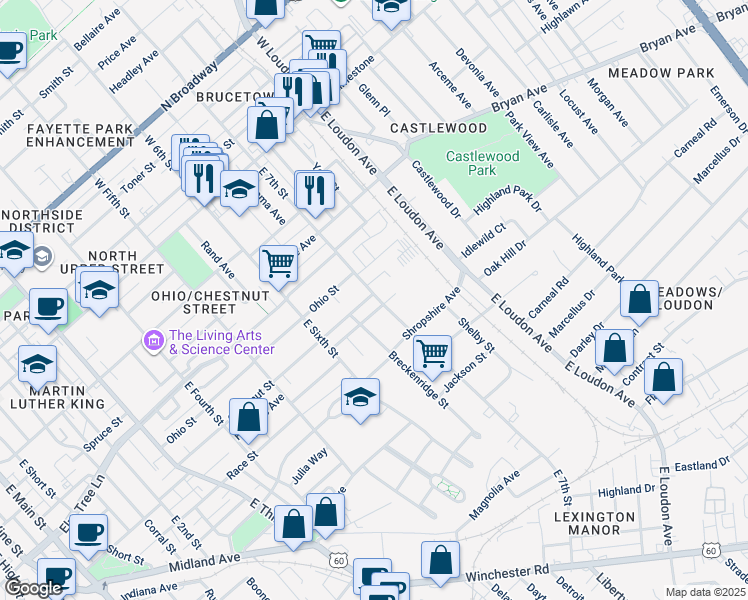 map of restaurants, bars, coffee shops, grocery stores, and more near 416 East 7th Street in Lexington
