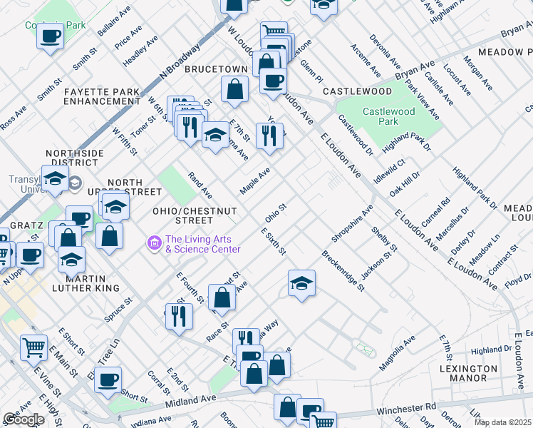 map of restaurants, bars, coffee shops, grocery stores, and more near 621 Ohio Street in Lexington