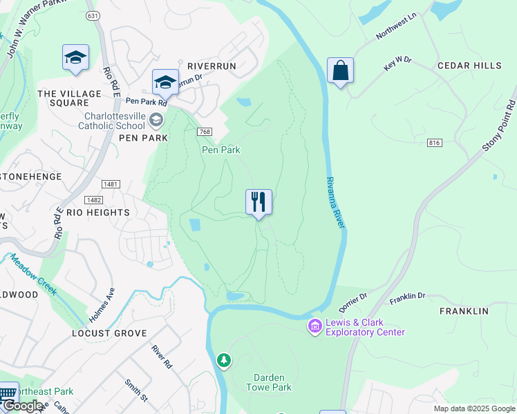 map of restaurants, bars, coffee shops, grocery stores, and more near 1498 State Route 768 in Charlottesville
