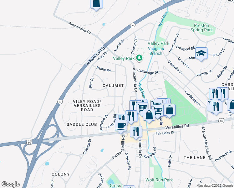 map of restaurants, bars, coffee shops, grocery stores, and more near 1296 Bordeaux Drive in Lexington