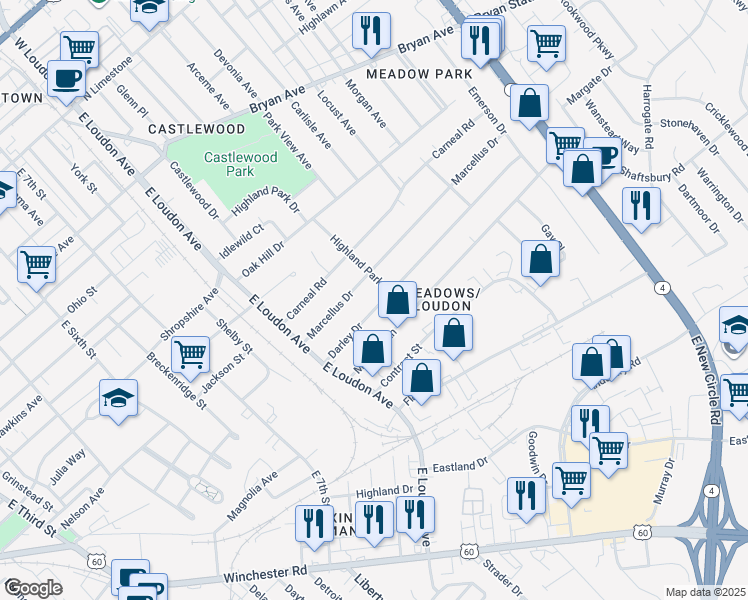 map of restaurants, bars, coffee shops, grocery stores, and more near 877 Darley Drive in Lexington