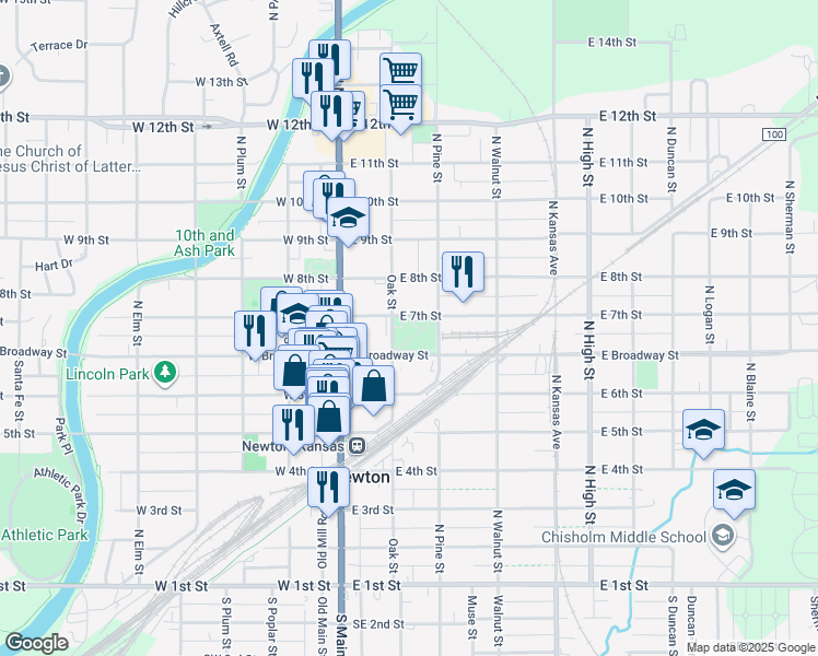 map of restaurants, bars, coffee shops, grocery stores, and more near 720 Oak Street in Newton