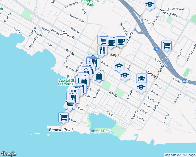 map of restaurants, bars, coffee shops, grocery stores, and more near 148 East I Street in Benicia