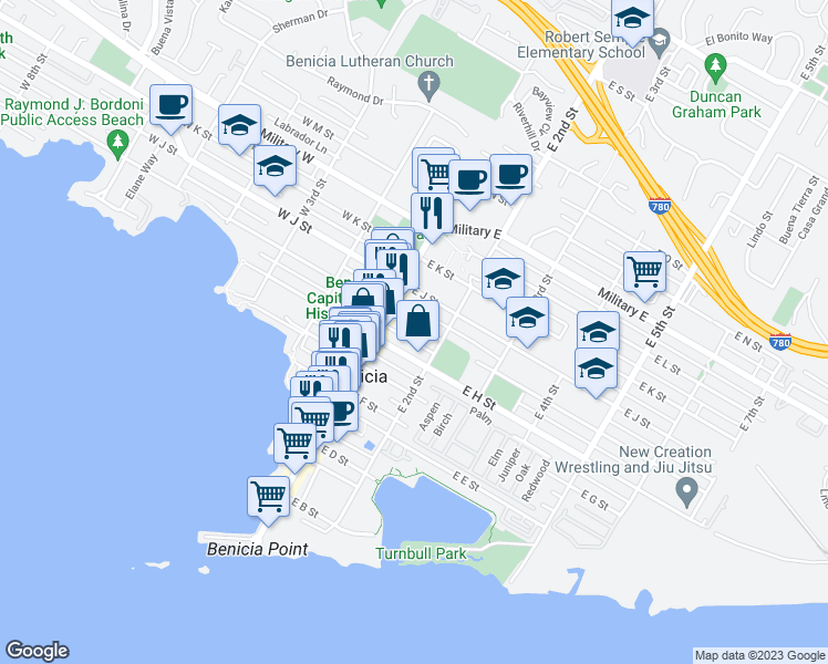 map of restaurants, bars, coffee shops, grocery stores, and more near 150 East I Street in Benicia