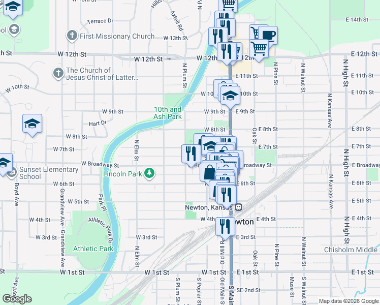 map of restaurants, bars, coffee shops, grocery stores, and more near 716 North Plum Street in Newton