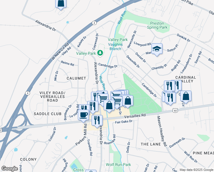 map of restaurants, bars, coffee shops, grocery stores, and more near 1281 Village Drive in Lexington