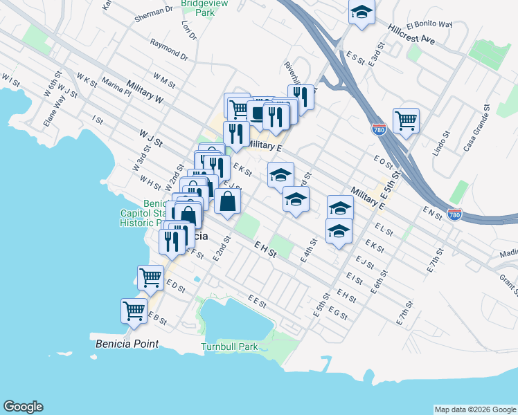 map of restaurants, bars, coffee shops, grocery stores, and more near 240 East J Street in Benicia