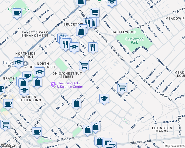 map of restaurants, bars, coffee shops, grocery stores, and more near 621 Ohio Street in Lexington