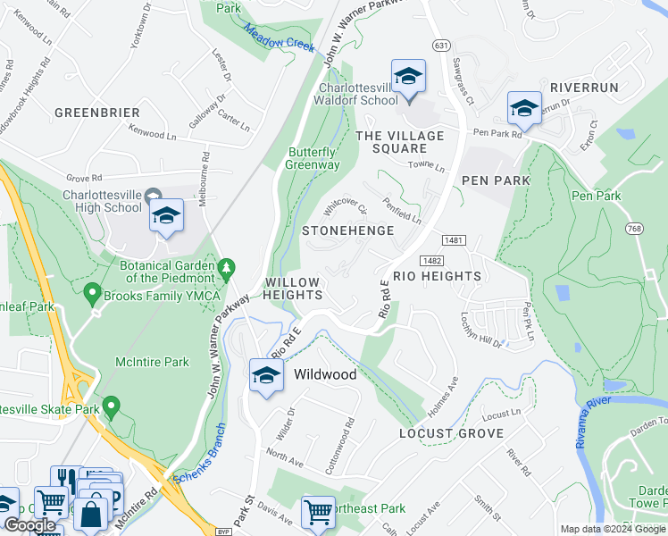 map of restaurants, bars, coffee shops, grocery stores, and more near 946 Prescelly Place in Charlottesville