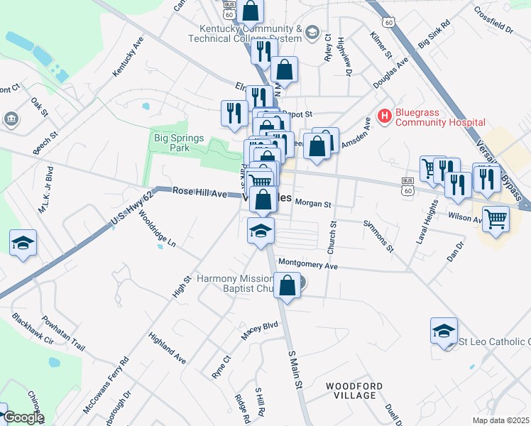 map of restaurants, bars, coffee shops, grocery stores, and more near 229 South Main Street in Versailles