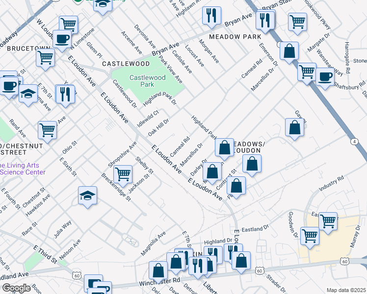 map of restaurants, bars, coffee shops, grocery stores, and more near 821 Marcellus Drive in Lexington