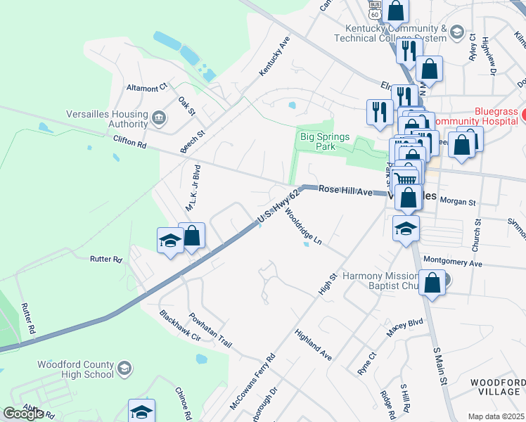 map of restaurants, bars, coffee shops, grocery stores, and more near 232 Breckinridge Drive in Versailles