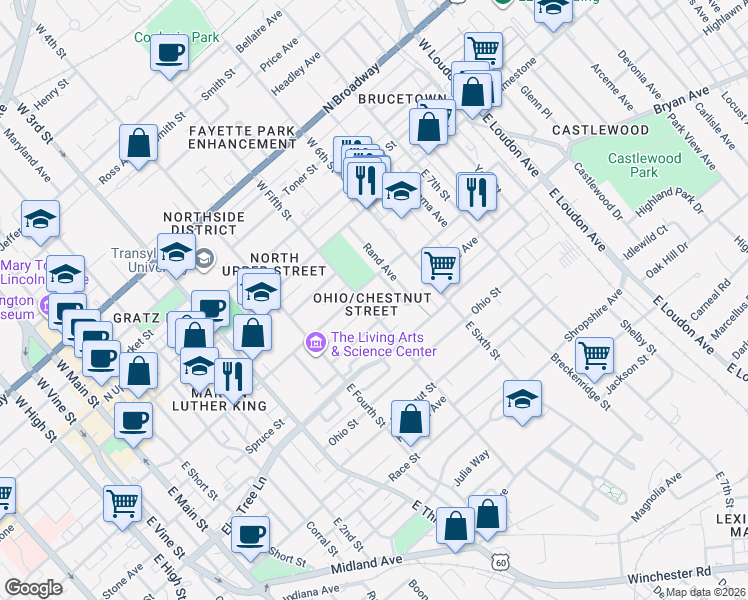 map of restaurants, bars, coffee shops, grocery stores, and more near 217 East Fifth Street in Lexington