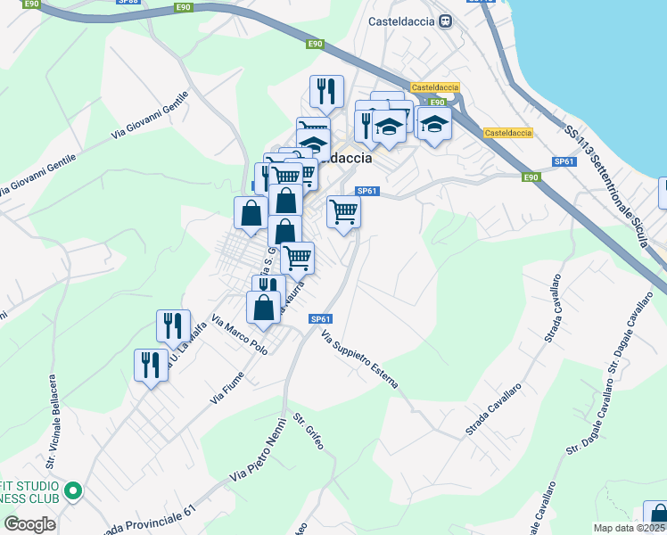 map of restaurants, bars, coffee shops, grocery stores, and more near 55 Via Suppietro in Casteldaccia