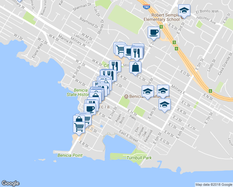 map of restaurants, bars, coffee shops, grocery stores, and more near 158 East I Street in Benicia