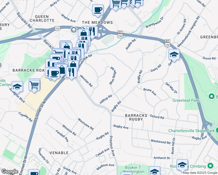 map of restaurants, bars, coffee shops, grocery stores, and more near 1902 Blue Ridge Road in Charlottesville