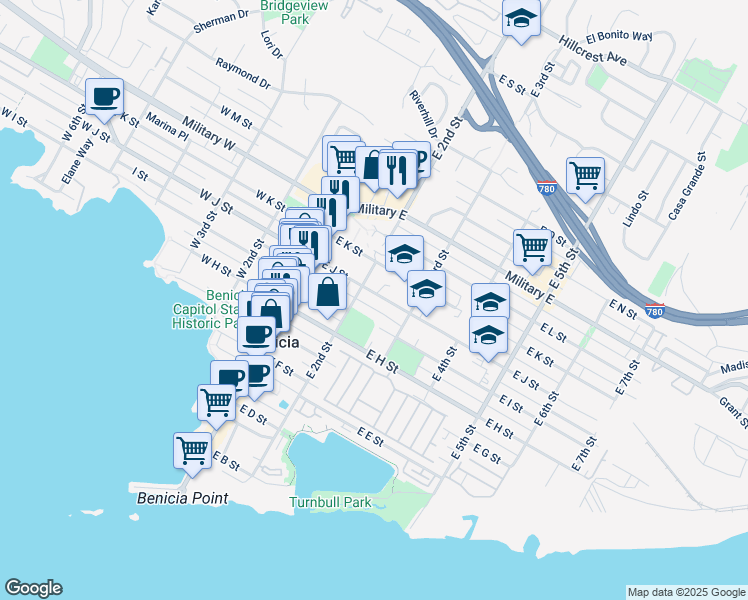 map of restaurants, bars, coffee shops, grocery stores, and more near 240 East J Street in Benicia