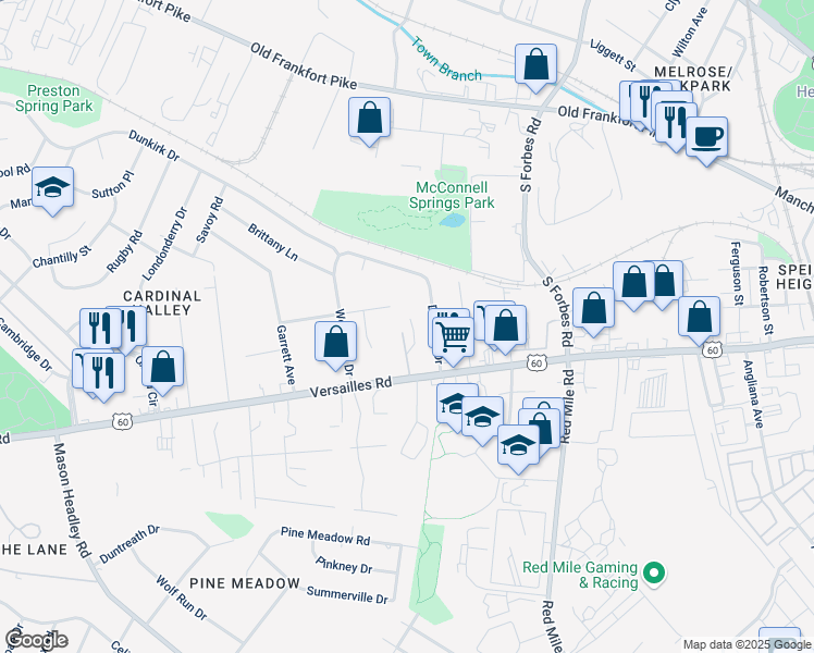 map of restaurants, bars, coffee shops, grocery stores, and more near 1513 Versailles Road in Lexington
